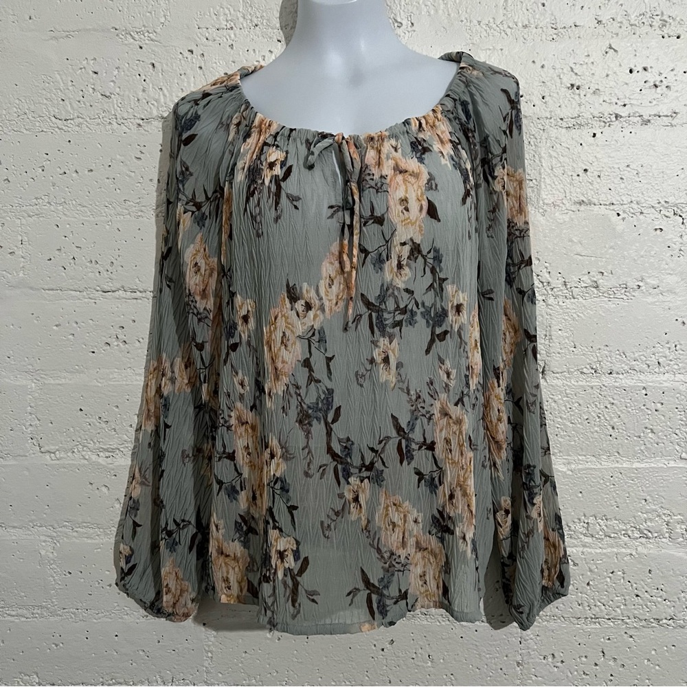 Lovestitch Womens Top S/M Green Floral Crinkle Long Sleeve Blouse AP13